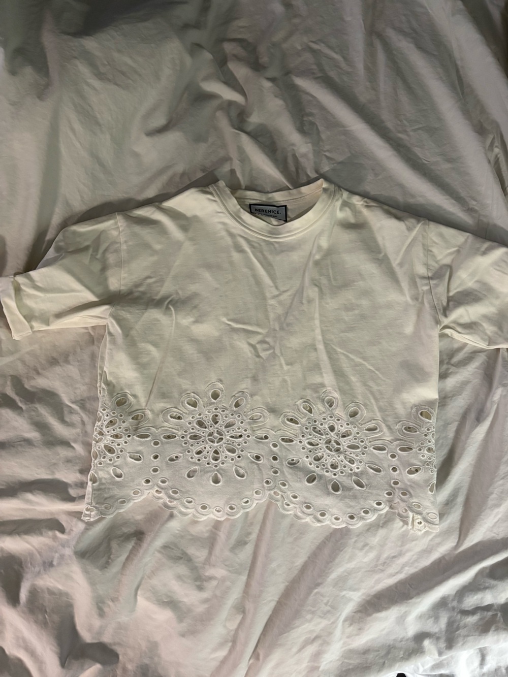 Berenice Eyelet Hem Short Sleeve Tee in Cream